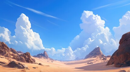 A tranquil desert landscape with endless dunes under a bright blue sky, showcasing the beauty of an exotic destination.
