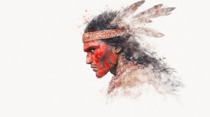 Celebrating Native American Heritage Month: Watercolor illustration of Indian man in traditional attire with feathers and face paint