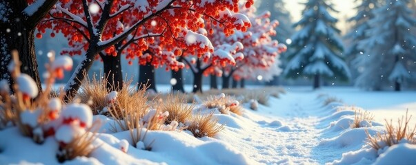A flurry of white flakes hits a reddish-brown terrain, icy colors, winter wonderland