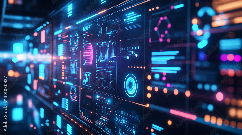 Poster hyper-realistic technology-themed backdrop with vibrant digital displays showcasing complex data and