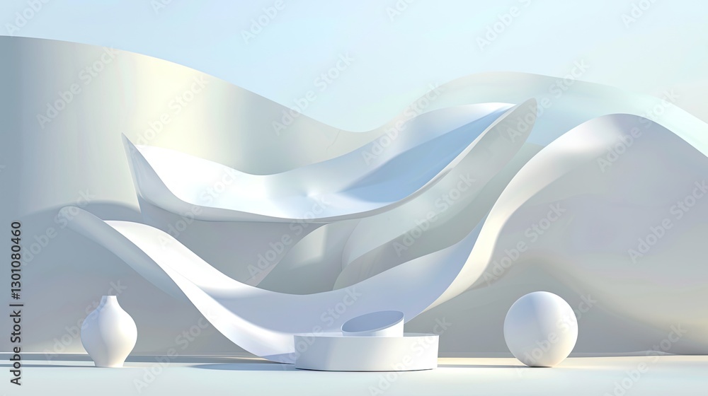 Poster dynamic white sculptural forms in modern gallery 3d art display from eye-level perspective