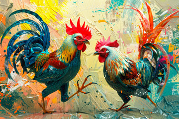 Surrealist representation of a cock fighting, AI generated