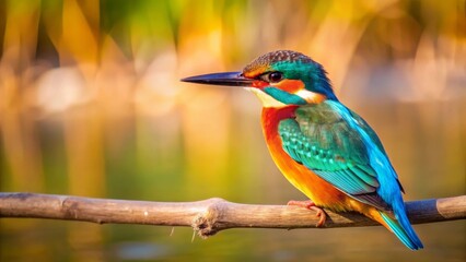 Fototapeta premium Vibrant Kingfisher Perched on a Branch, Exhibiting Brilliant Plumage in a Soft-Focus Natural Setting