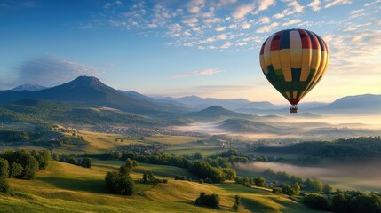 Fototapeta premium A vibrant, colorful hot air balloon floating over a vast landscape of fields and hills during sunrise.