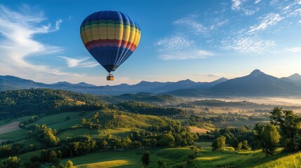 Obraz premium A vibrant, colorful hot air balloon floating over a vast landscape of fields and hills during sunrise.