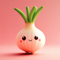 Cute anthropomorphic onion with a smiling face and green shoots