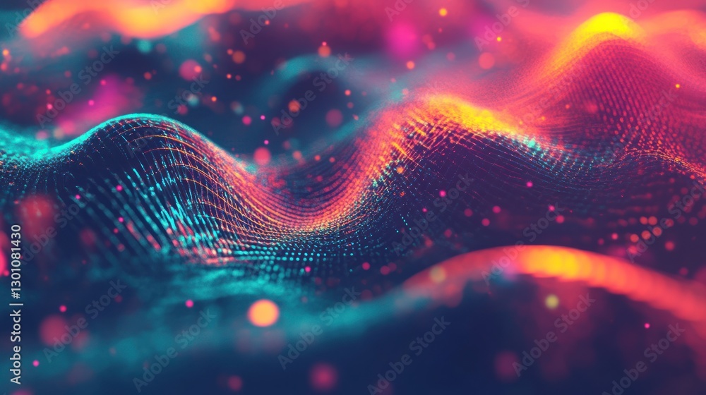 Poster abstract wavy background with glowing dots and lines in vivid colors