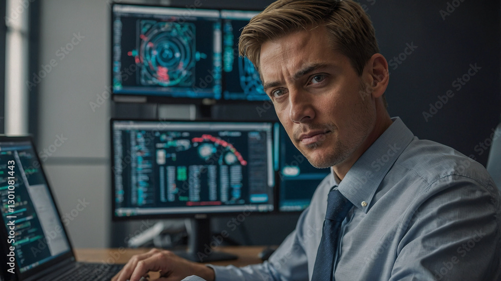 Aufkleber focused analyst working with cybersecurity data on screens