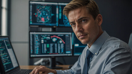 Focused Analyst Working with Cybersecurity Data on Screens