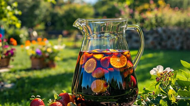 Refreshing pitcher of fruity drink displayed in a vibrant garden during sunny afternoon
