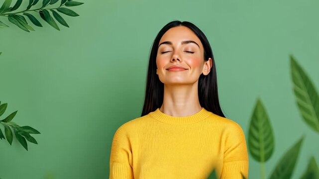 Woman Practicing Mindfulness Meditation in Serene Natural Setting with Green Leaves and Soft Lighting Wearing Yellow Sweater Reflecting Calm Summer Vibes in Peaceful Relaxation and Harmony