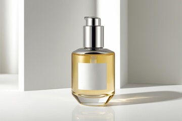 Minimalist cosmetic branding mockup with a mandelic acid bottle, placed on a clean, textured surface with soft shadows