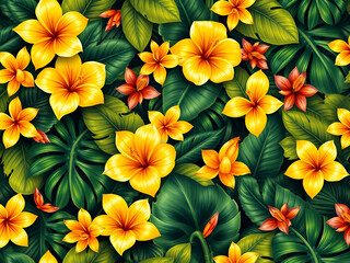 Obraz premium Seamless AI Tropical Floral Pattern with Yellow Flowers and Green Leaves