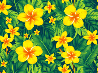 Fototapeta premium Seamless AI Tropical Floral Pattern with Yellow Flowers and Green Leaves