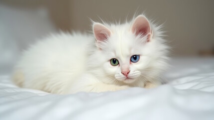 Fototapeta premium White kitten with different color eyes. white background.