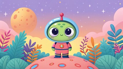 Fototapeta premium A cute and quirky alien cartoon with big round eyes, a small body, and a colorful space suit, standing on a vibrant alien planet