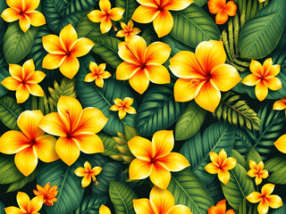 Obraz premium Seamless AI Tropical Floral Pattern with Yellow Flowers and Green Leaves