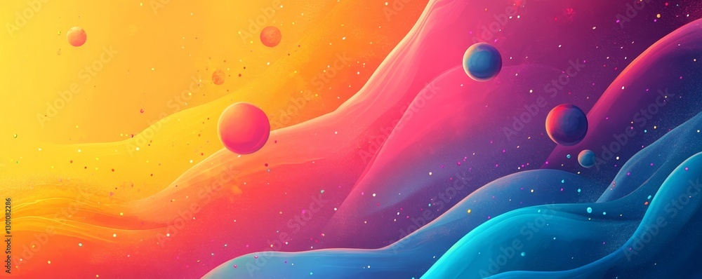 Poster abstract colorful wavy background with floating spheres.