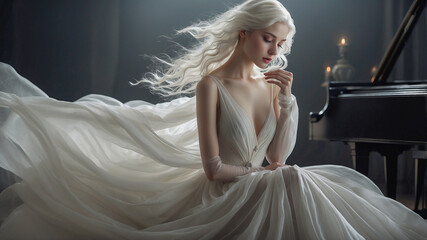 Ethereal Woman in Flowing White Gown by a Piano