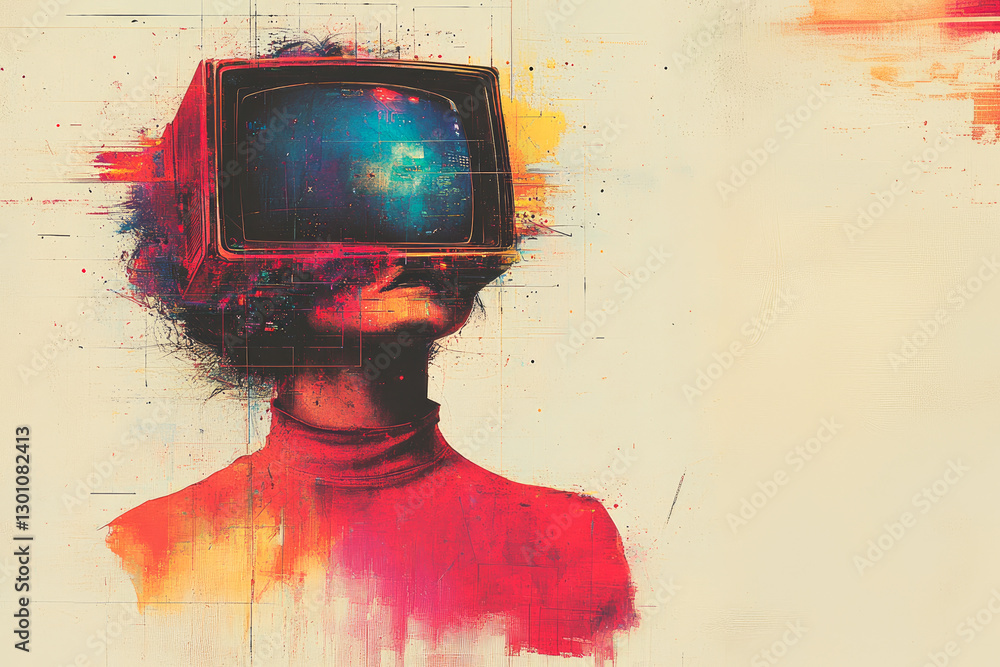 Poster this enthralling image features a stylized figure with a television for a head, creating a captivati
