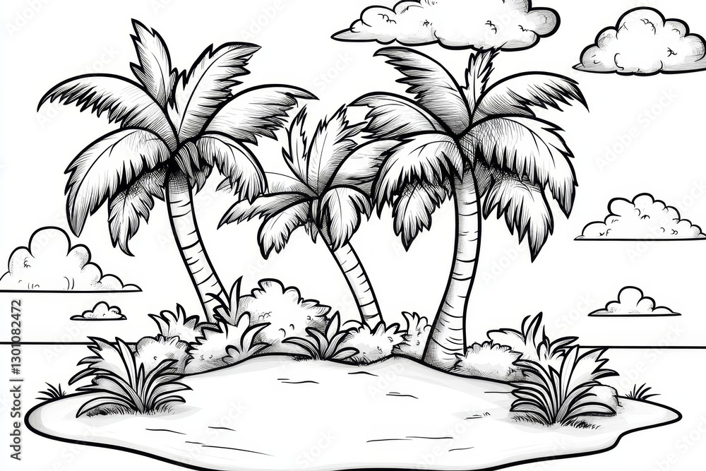 Poster a simple black-and-white line drawing of a small oasis with palm trees