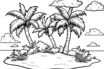 A simple black-and-white line drawing of a small oasis with palm trees