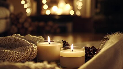 Warm candles illuminate cozy living space with festive decorations during a winter evening