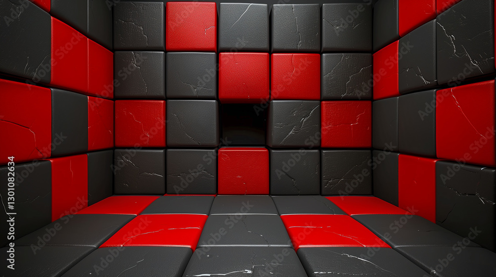 Poster black and red tiled room with missing cube