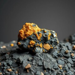 Blende and galena minerals on a rocky surface with gray background, landscape, sulfide, rock