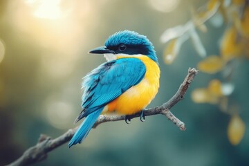 Fototapeta premium Blue Yellow Bird Perched Tree