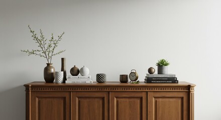 Serene Wooden Console Table Soft Light Minimalist Home Decor. AI Generated