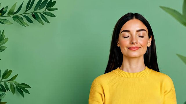 Woman Practicing Mindfulness Meditation in Serene Natural Setting with Green Leaves and Soft Lighting Wearing Yellow Sweater Reflecting Calm Summer Vibes in Peaceful Relaxation and Harmony