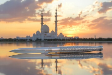 Naklejka premium Elegant knife reflecting sunset over mosque.