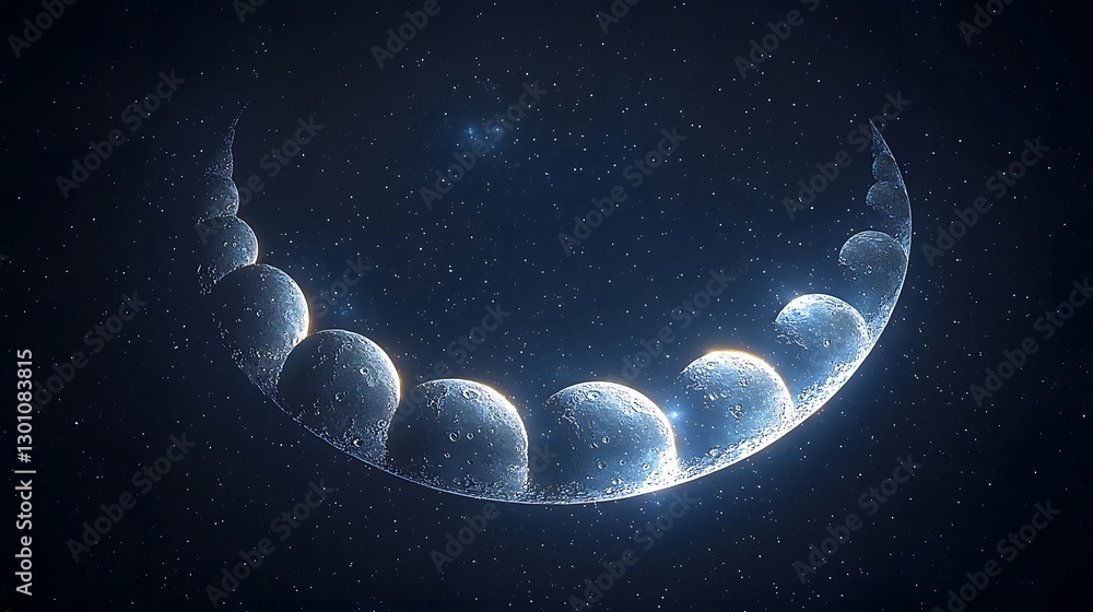 Poster glowing celestial frame with phases of the moon and shimmering stars in circular design