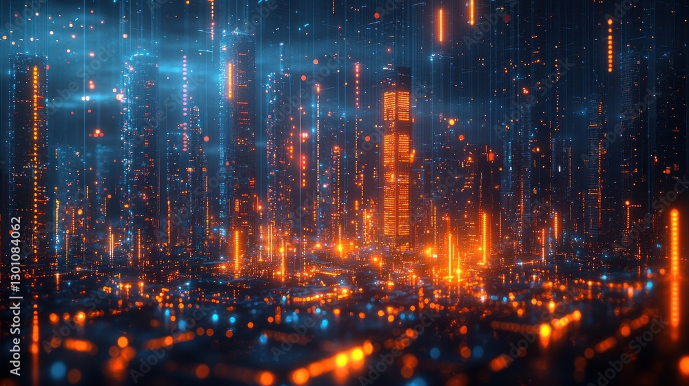 Poster abstract glowing cityscape with digital data streams and futuristic architecture