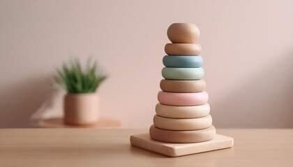 minimalist wooden stacking toy with pastel colors for montessori learning