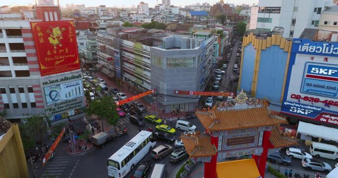 An aerial view of the Chinatown Gate or Odeon Circle, The most famous tourist attraction in Bangkok, Thailand.