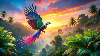 A Vibrant Bird in Flight Soaring Over a Lush Tropical Landscape at Sunrise
