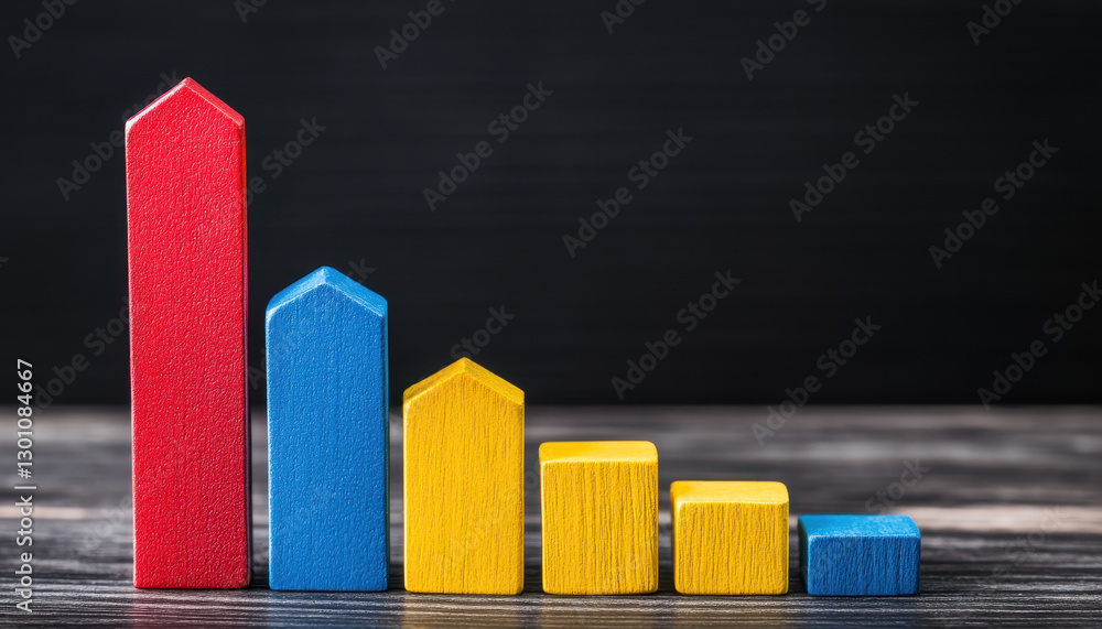 Poster colorful bar chart representing data comparison with wooden blocks
