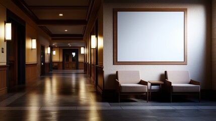 Fototapeta premium Empty hotel hallway with blank poster, lounge chairs, and reflection