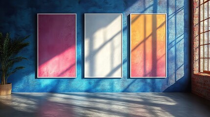 Three empty white vertical rectangle mockups with an overlay of rainbow light refraction caustic effect and shadow on a trendy dark blue concrete background.