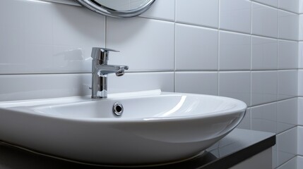 Fototapeta premium Modern white bathroom sink with chrome faucet, tiled wall, and mirror