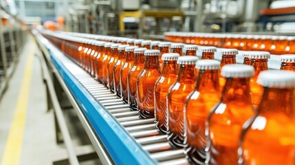 Fototapeta premium Brewery production line action shot warehouse location beer bottling process industrial environment close-up viewpoint