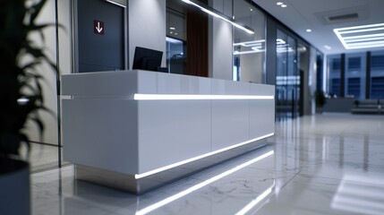 Modern reception desk in a contemporary office lobby at night
