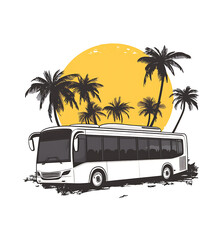 a bus with palm trees and sun.