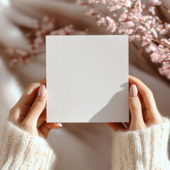 Obraz premium Close-up of female hands with nude manicured nails holding a blank white paper card or invitation against a minimalist gray background, perfect for mockup or design placement