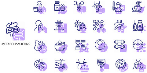Fototapeta premium Metabolism simple concept 24 colour icons set. Contains such protein, fat, carbohydrate, fit body .Vector illustration.