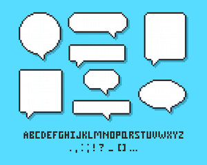Empty pixelated speech bubble with alphabet, 8 bit cloud for text. Pixel speech bubble, 8 bit geometric texting dialogue box.