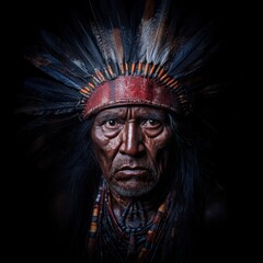 Fototapeta premium Traditional Native American Chief Portrait in Watercolor Art