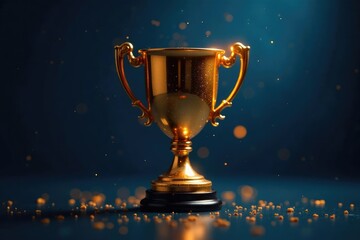Golden trophy with glowing particles in a dark blue space, glow, art, decor